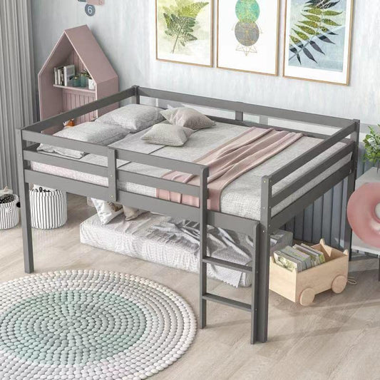 Harper & Bright Designs Full Size Low Loft Bed Frame in Grey for Kids with Ladder and Safety Guardrails - WoodArtSupply