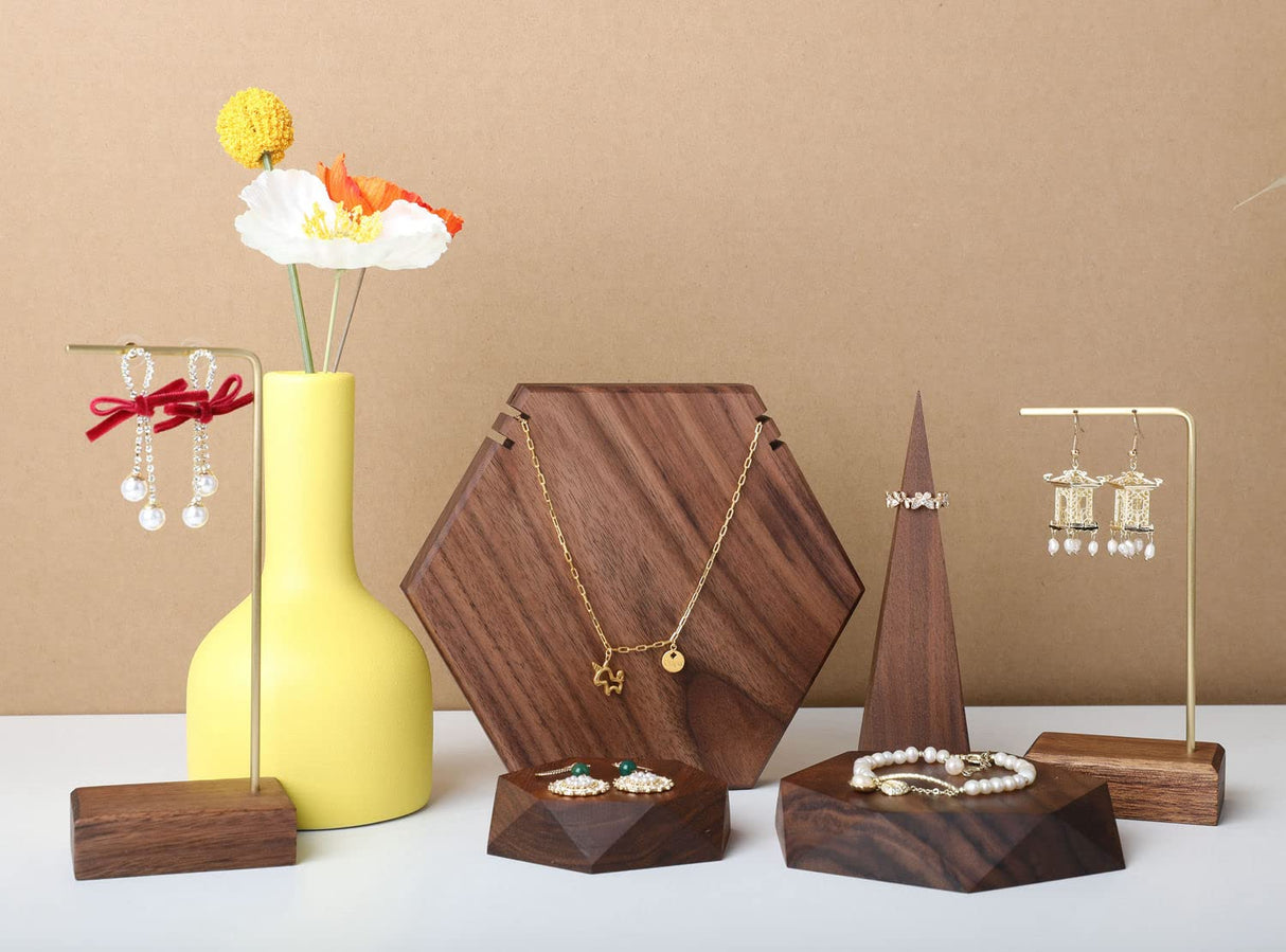GemeShou 2pcs Wooden Jewelry display tray, Hexagon jewelry display riser, Jewelry retail shop photography props【Walnut Hexagon tray-2pcs】 GemeShou