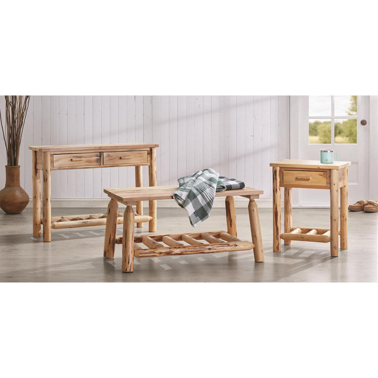 CASTLECREEK Pine Log End Table Nightstand, Rustic Natural Weathered Look Wooden Side Tables with Storage Drawer for Living Room Couch, Bedroom CASTLECREEK