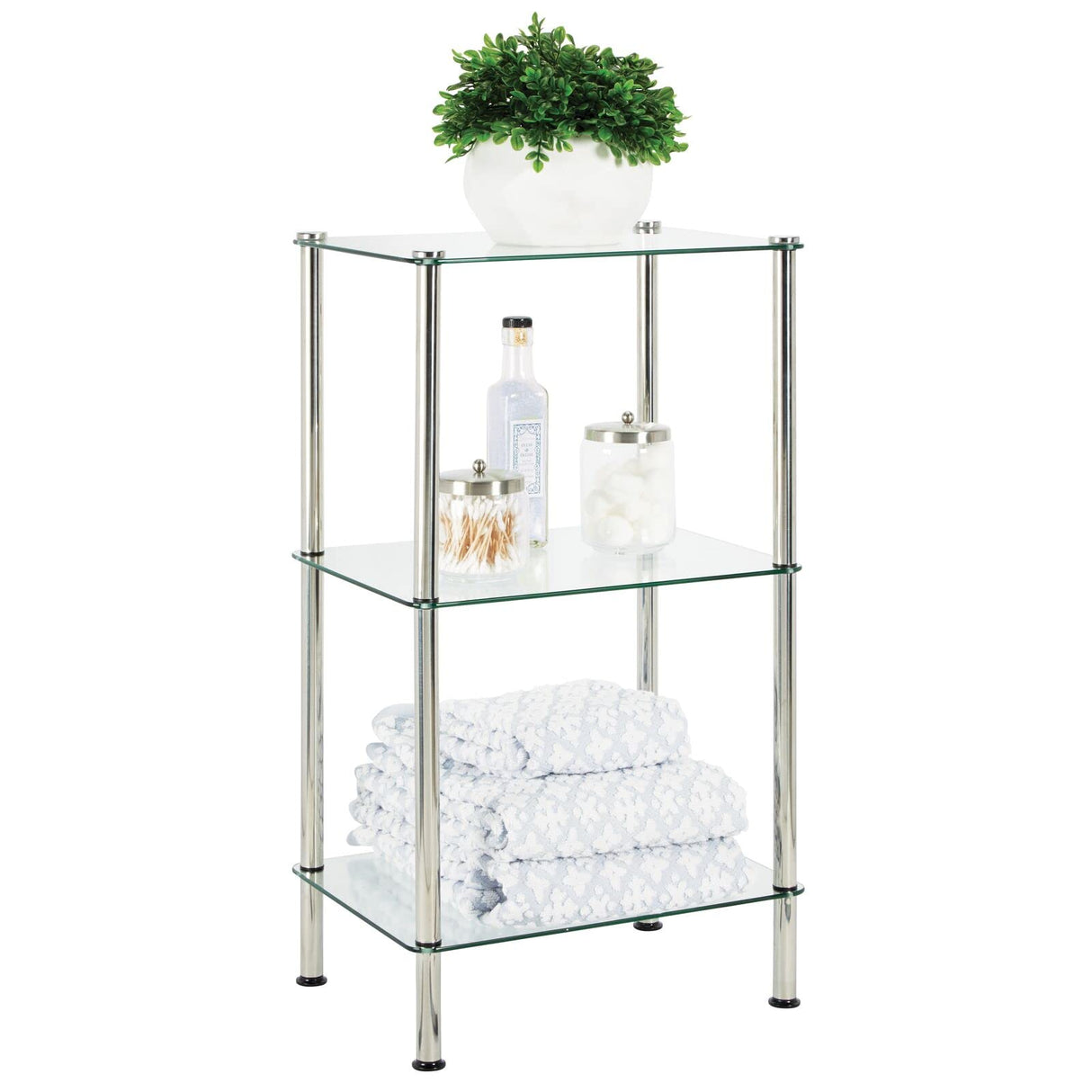 mDesign Metal/Glass 3-Tier Storage Tower, Narrow Shelving Display Unit, Open Glass Shelves; Multi-Use Stand for Living Room, Bathroom, Home Office, Hallway, Bedroom Organization - Chrome/Clear mDesign