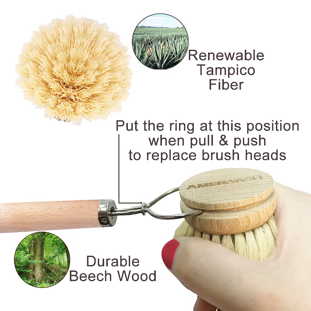 AMERWASH PLUS Dish Brush with Wooden Handle, Natural Kitchen Brush for Dishes Vegetable, Pots and Pans, Tampico Fiber Bristles Scrubber, Extra 3 Pack Replacement Head Included AMERWASH PLUS