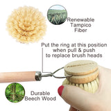 AMERWASH PLUS Dish Brush with Wooden Handle, Natural Kitchen Brush for Dishes Vegetable, Pots and Pans, Tampico Fiber Bristles Scrubber, Extra 3 Pack Replacement Head Included AMERWASH PLUS