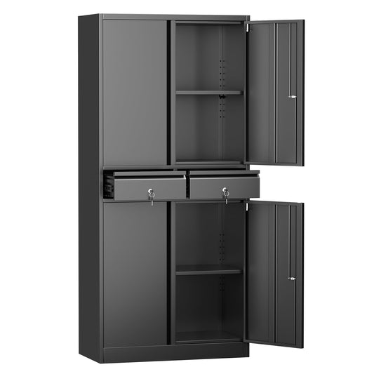 GLADIW Metal Storage Cabinet, Garage Storage Cabinet with 2 Drawers and 2 Adjustable Shelves, Locking Cabinet for Homes, Offices, Kitchens, Schools and Pantries, Black, Assembly Required - WoodArtSupply