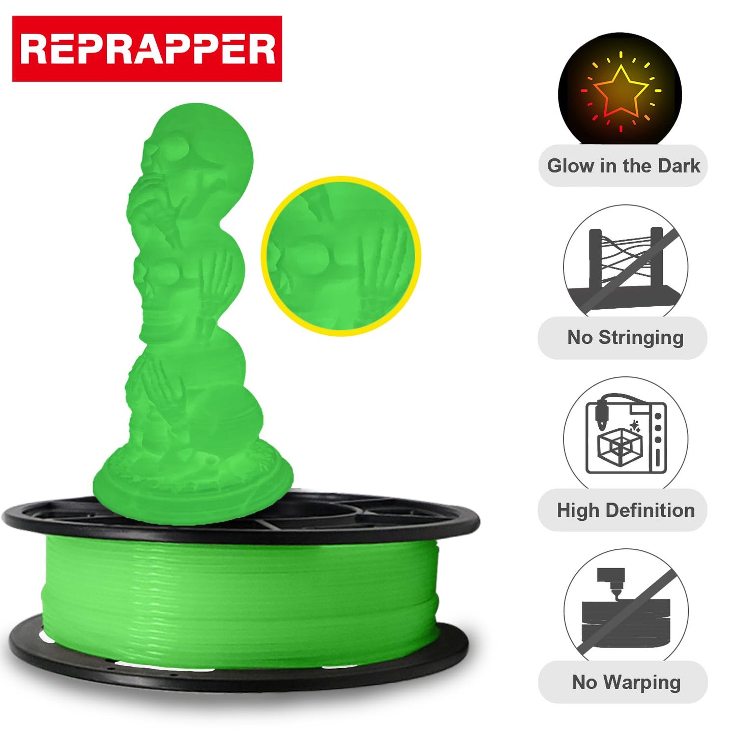 RepRapper 4 x 250g Glow Colors Pack, Glow in The Dark PLA Filament 1.75mm (+- 0.03mm) for 3D Printer, 4x250g Spools - Yellow, Purple, Green, White to Rainbow - WoodArtSupply