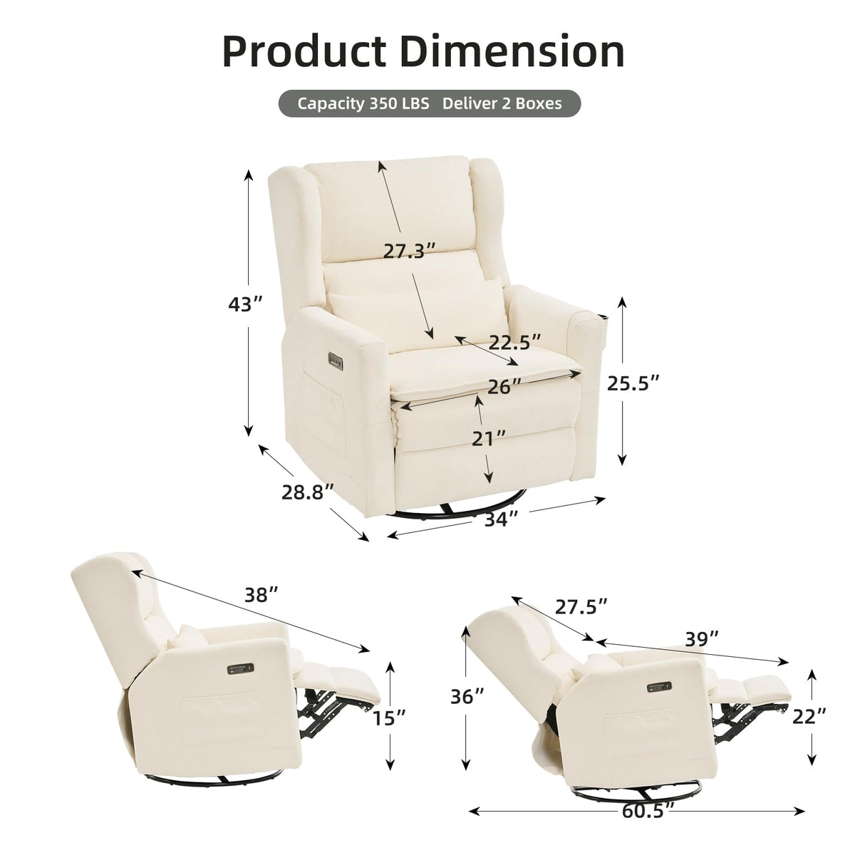 Rhevoy Oversized Swivel Rocker Recliner Chair, 26" Extra Wide Glider Nursery Chair with Adjustable Headrest, Chenille Power Recliner Rocking with Double Cushion, Cup Holder, White Rhevoy
