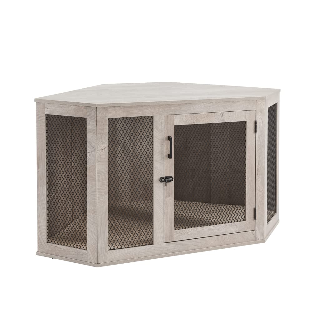 unipaws Furniture Style Corner Dog Crate for Small Medium Dogs, Indoor Aesthetic Puppy Kennel TV Stand, Modern Decorative Wood Pet House Dog Cage, Pretty Cute End Side Table Nightstand, Grey - WoodArtSupply