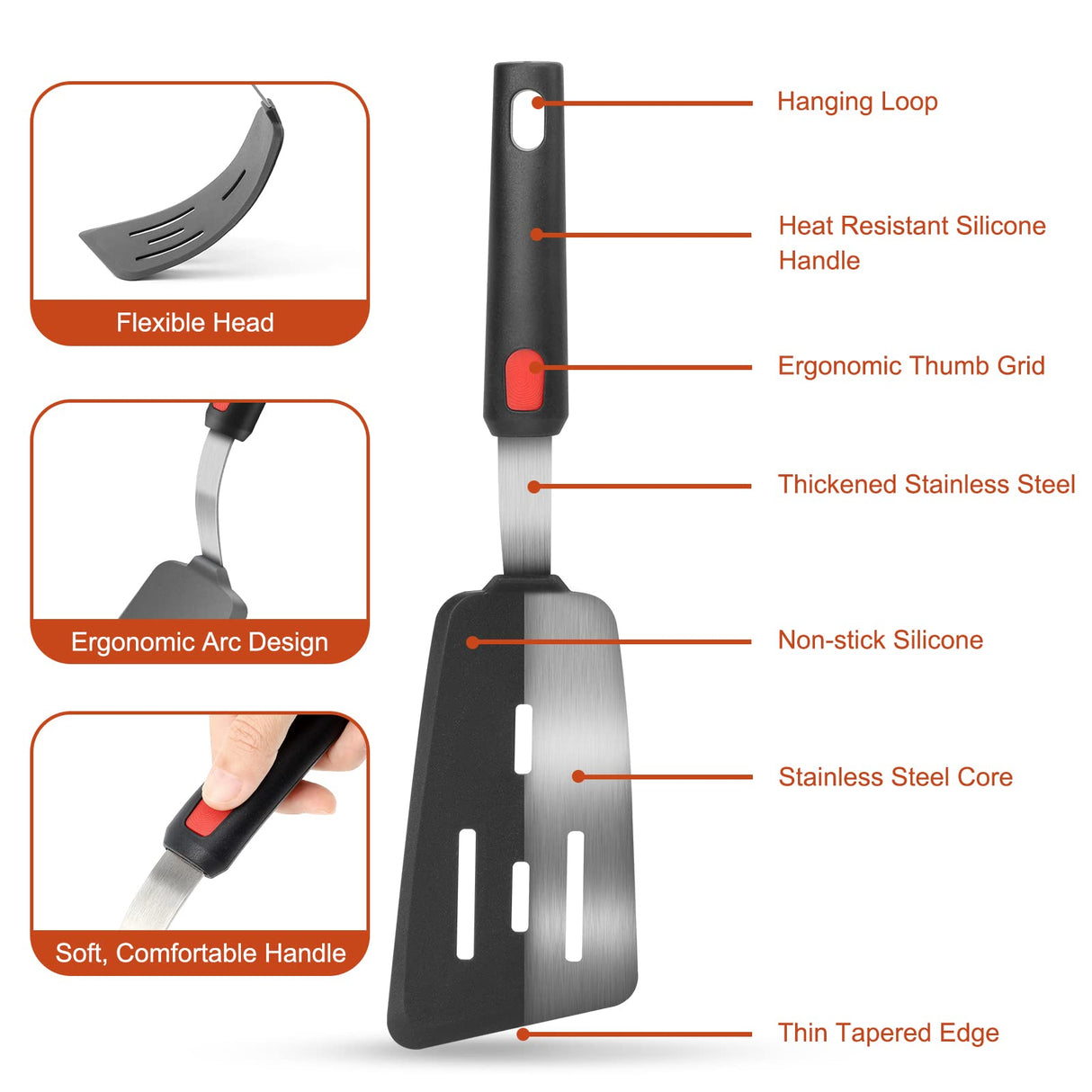 Hotec Silicone Spatula Turner for Nonstick Cookware, Cooking Spatula 600°F Heat Resistant Large Flexible Rubber Spatula Set of 3, Kitchen Utensils for Flipping Eggs, Burgers, Pancakes, Crepes HOTEC