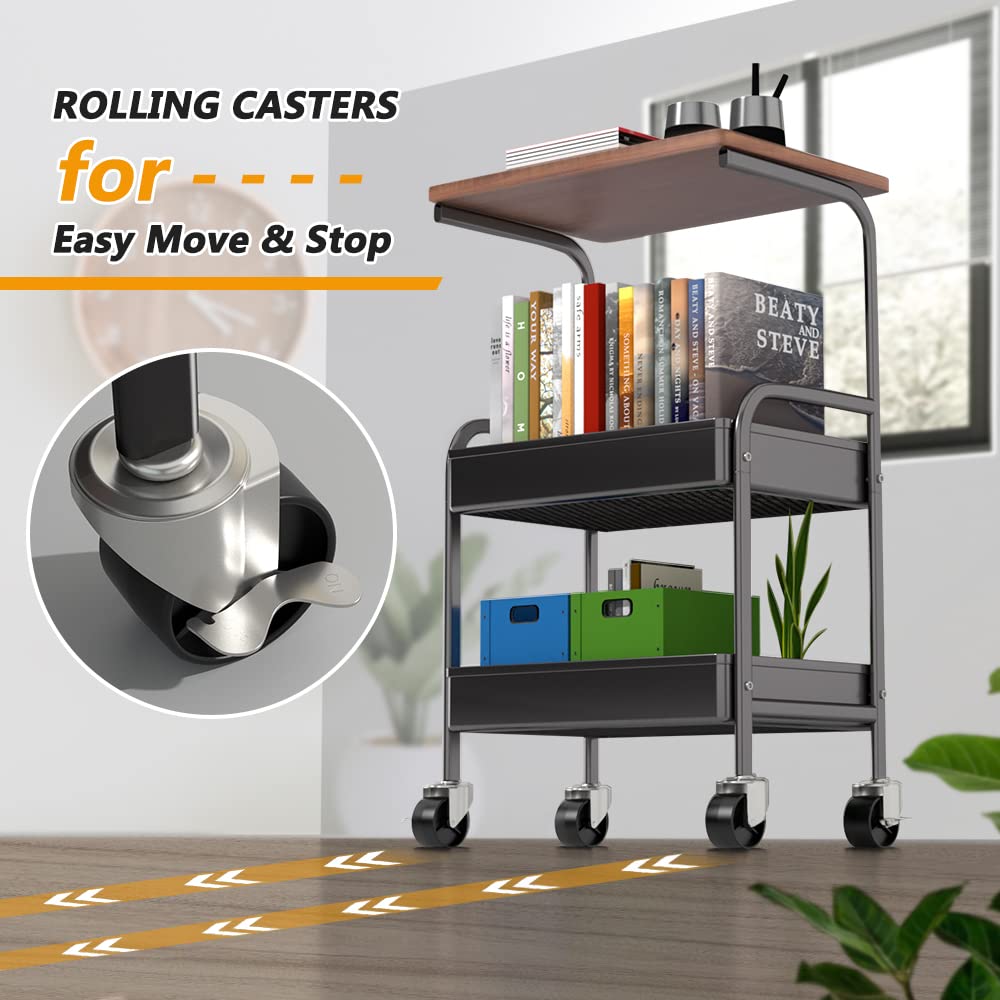 HIDODO Rolling Cart with Wooden Tabletop, 3 Tier Metal Utility Cart, Rolling Storage Organizer Cart with Lockable Wheels for Kitchen, Office, Bedroom (Black) HIDODO