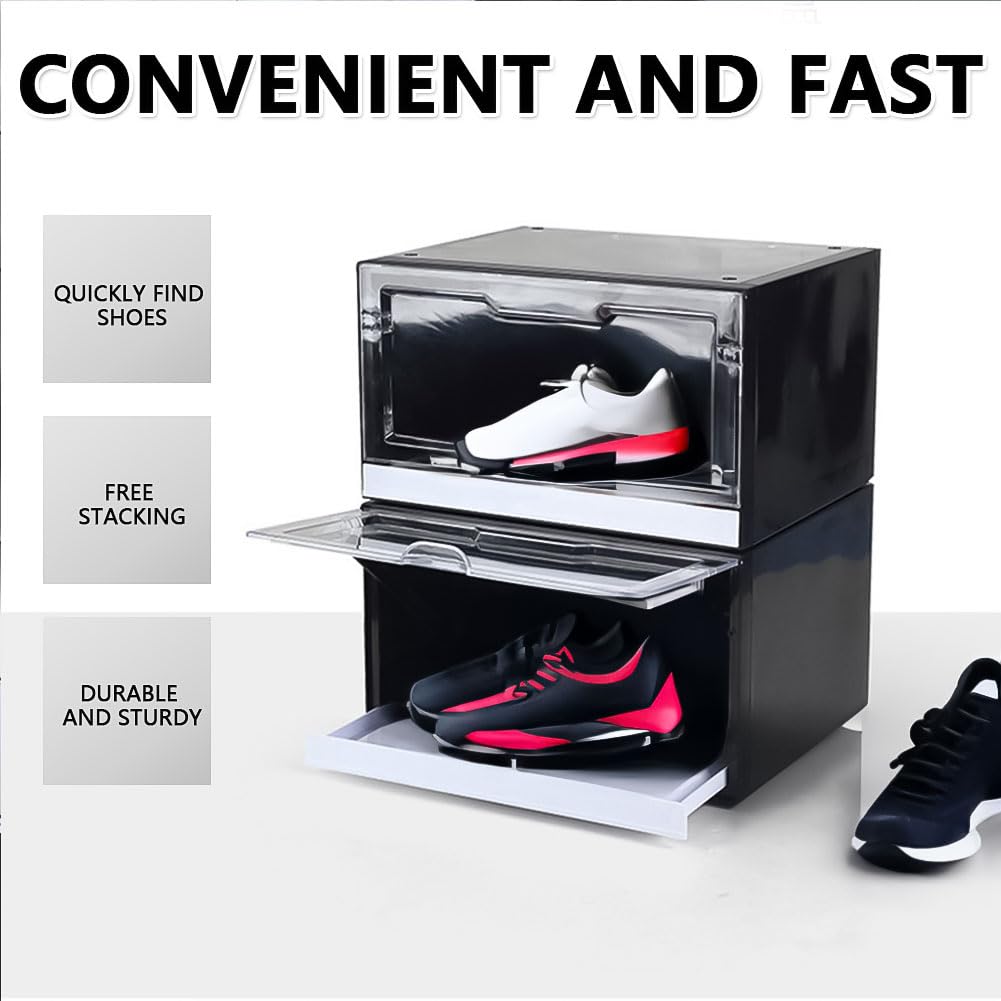 JNTKE 2 Packs LED Sneakers Boxes, Stackable Clear Shoe Display Cases, Plastic Shoe Storage Organizer for Closet, Magnetic Open Collection Storage Containers with Lids, White JNTKE