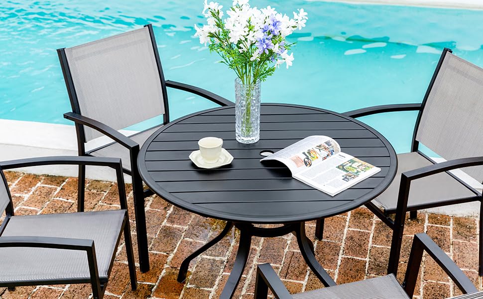 LEVELEVE 5 Piece Patio Dining Set,Outdoor Furniture 4 Textilene Chairs & 1 Round 38"x 38" Metal Slatted Table with 1.5" Umbrella Hole,Outside Porch Deck Balcony Backyard Set for 4 LEVELEVE