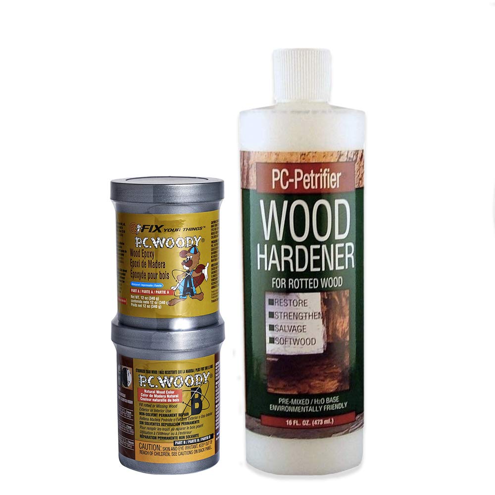 PC-Products PC-Woody Wood Repair Epoxy Paste, Two-Part 12 oz, and PC-Petrifier Wood Hardener 16 oz, Kit PC Products