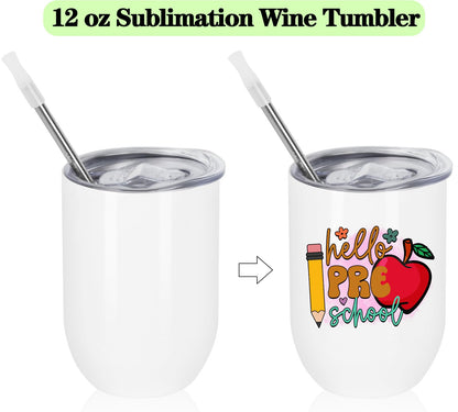 Draheri 12 Oz Sublimation Wine Tumblers Blanks Bulk, Stainless Steel Double Wall Insulated Sublimation Cups, Sublimation Mugs with Straw and Straw Brush, Individually Boxed (8 Pack)