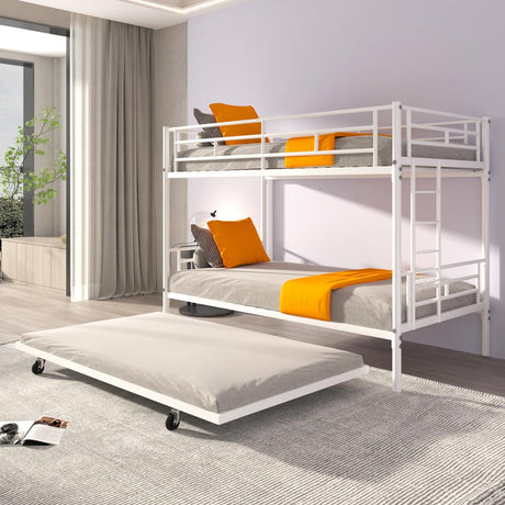 HomJoones Metal Bunk Bed Frame,Twin Over Twin Metal Bunk Bed with Trundle Heavy Duty Twin Size Metal Bunk Beds Frame with 2 Side Ladders Convertible Bunkbed,No Box Spring Needed (White) HomJoones