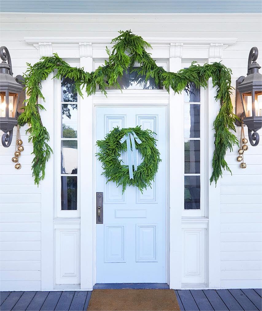 ENVEN Real Touch Norfolk Pine Christmas Garland and Wreath Set, 24IN Green Wreath and 9FT Christmas Garland Artificial Faux Greenery Norfolk Pine for Holiday Indoor Mantle Decor