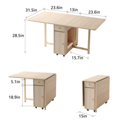 COMUHOME Extendable Drop Leaf Folding Dining Table with 2 Drawers and 4 Wheels for Living Room Kitchen Farmhouse Space Saving Table in Wood Color