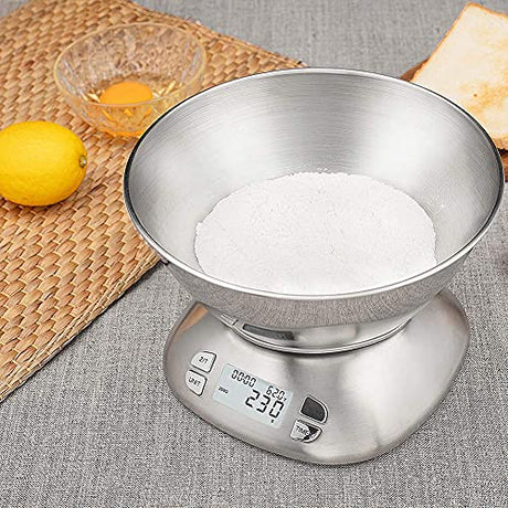 Digital Kitchen Scale with Removable Bowl 2.5L Volume, Electronic Stainless Steel Food Scale for Cooking Baking, Room Temperature, Alarm Timer, 12lb 5.5kg, Batteries Included FOLIND
