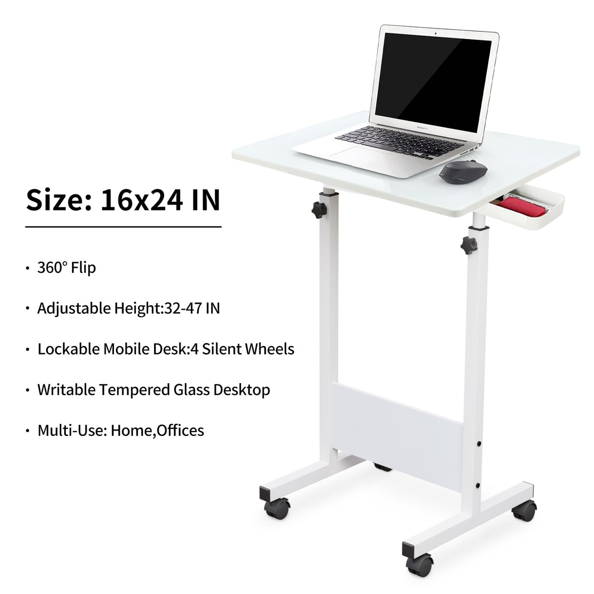KOUPA Adjustable Height Standing Desk, Writable Tempered Glass Desktop with Eraser, 360° Flip, Wheels – Ideal for Small Spaces and Home Offices, 24 in, White(Adjustable Height: 32-47 in) KOUPA