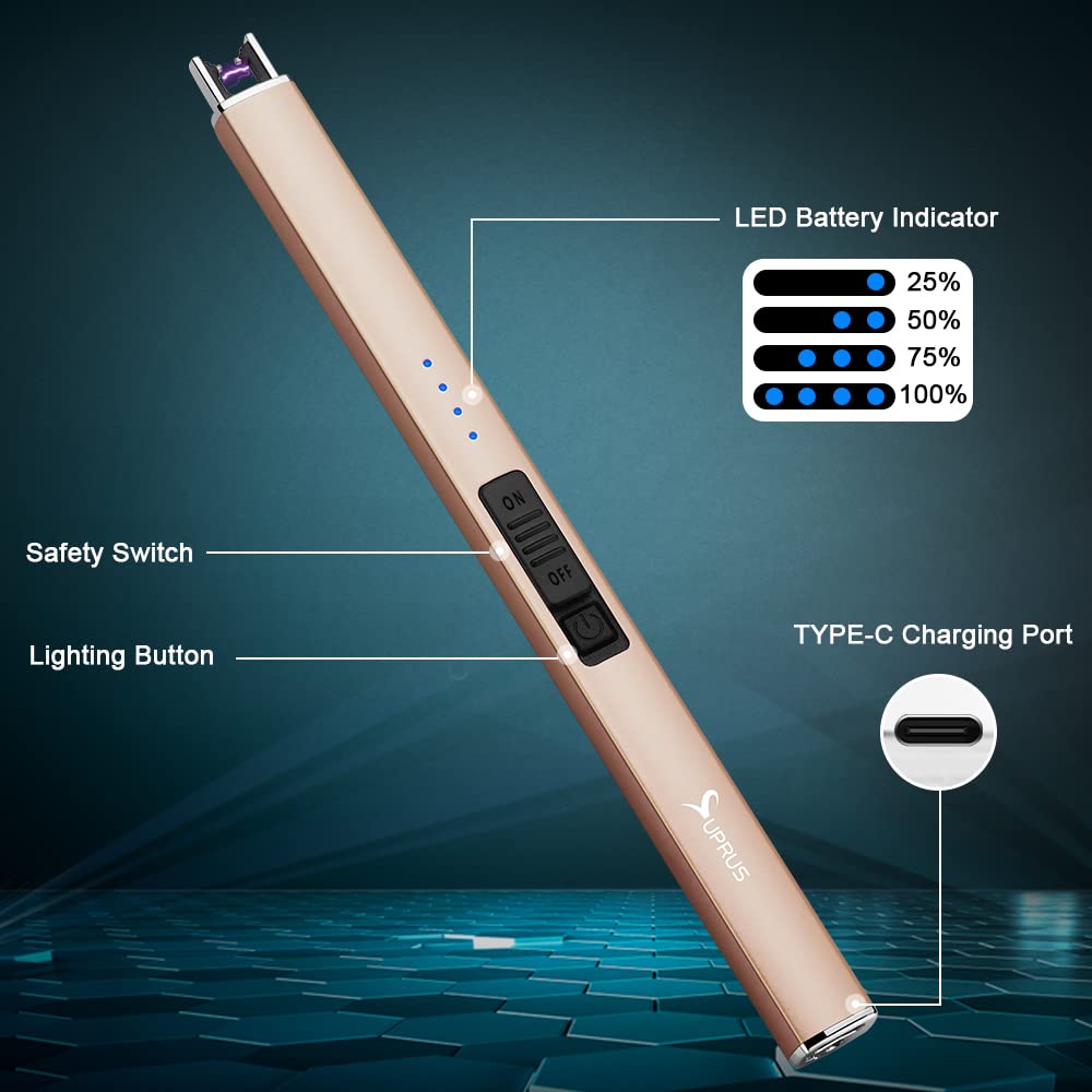 SUPRUS Electric Lighter Arc Windproof Flameless USB Lighter Rechargeable Lighter with Safety Lock for Candle BBQ Camping (champagne Gold) SUPRUS