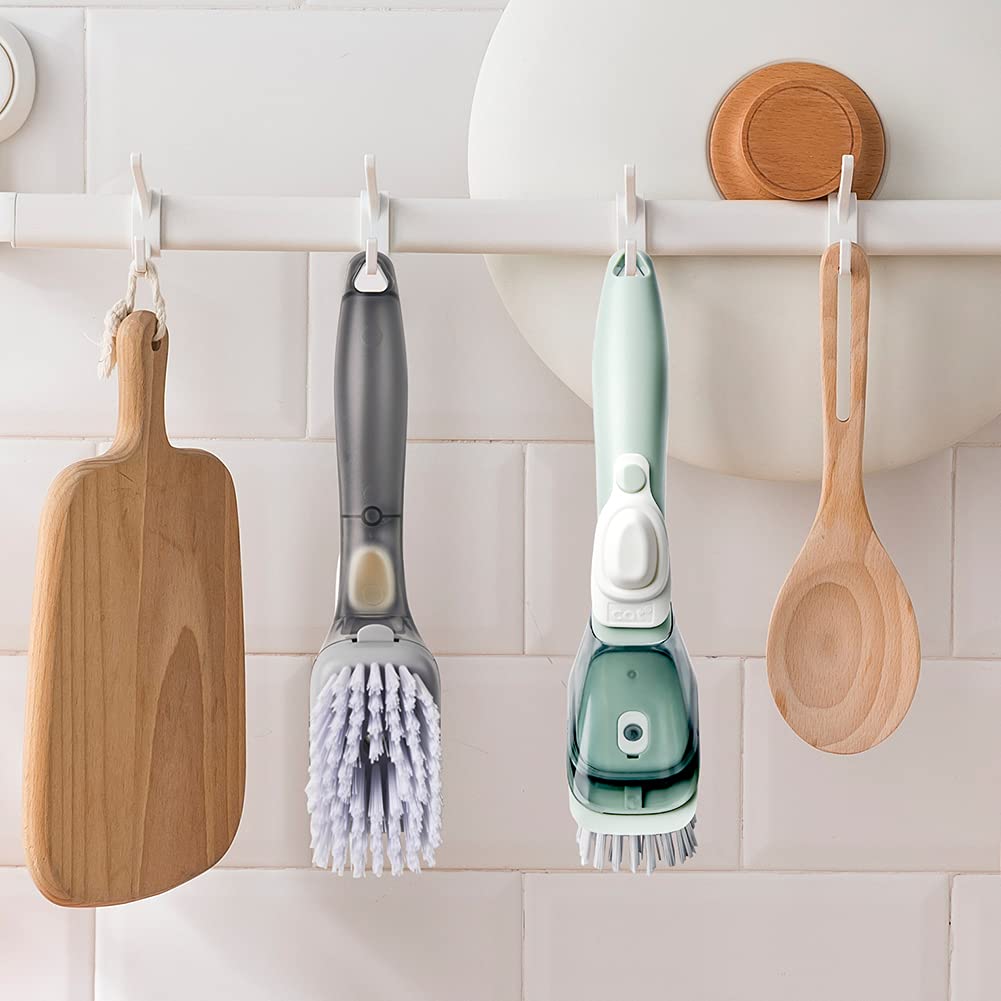CQT Soap Dispensing Dish Brush Storage Set, Dish Scrubber with Handle, Kitchen Washing Brush for Pot Pan Sink Cleaning, Kitchen Brush with Holder and 1 Replaced Scouring Pad Head CQT