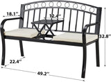 AVAWING Outdoor Metal Garden Bench, 2-Seat Patio Porch Bench with Steel Frame, Park Bench w/Pullout Middle Table＆ Cushion for Backyard Lawn Deck Entryway, Black AVAWING