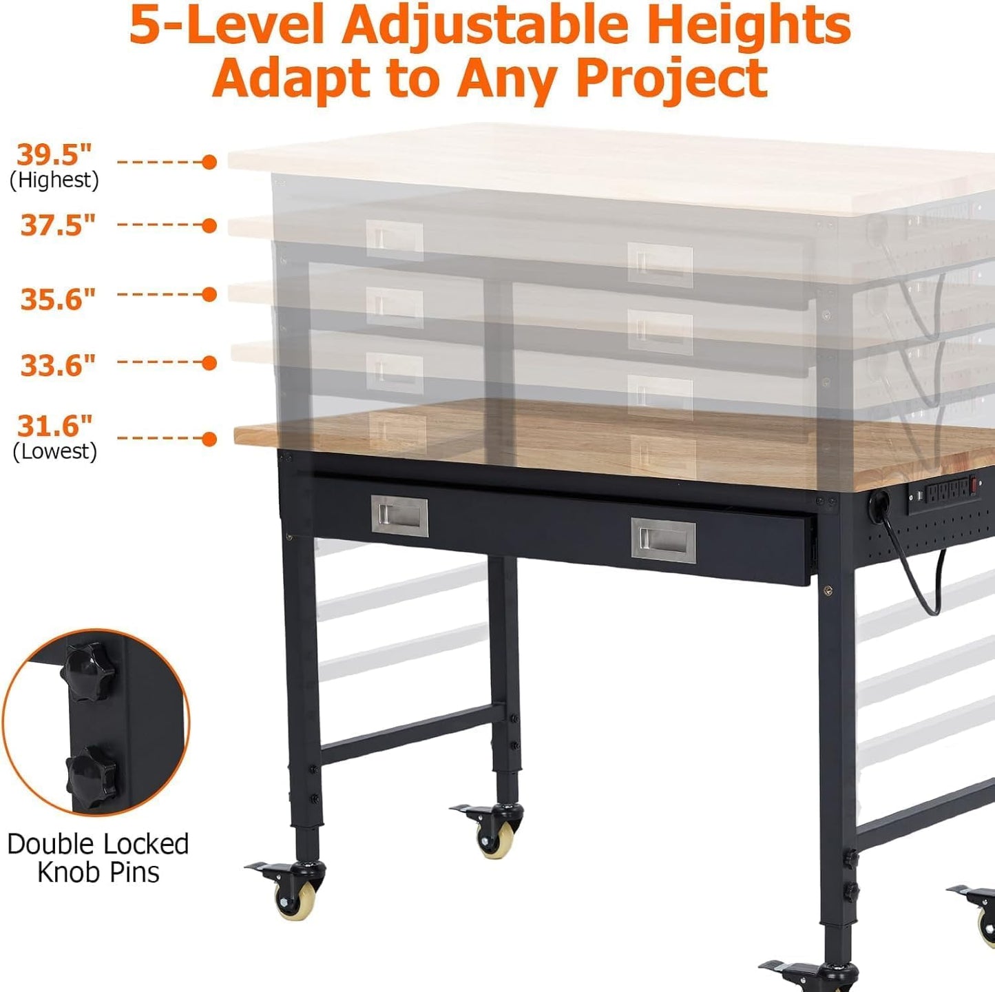 Workbench 48 x 24 Adjustable Height Worktable, Heavy Duty Rubber Wood Top, 2000 LBS Load Capacity, Tool Storage Workstation with Drawer, Pegboard, Power Outlets & Lockable Wheels, with Drawer Back