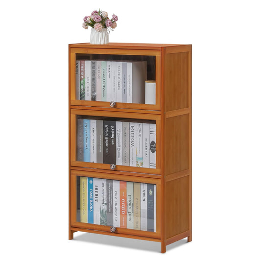 Magshion Bamboo 3-Tier Display Case Bookcase with Clear Acrylic Flip-Up Doors, Brown Kitchen Cabinet Storage Pantry Cabinet Showcase Storage Cabinet Organizer - 23.2" L x 12.6" W x 41.7" H