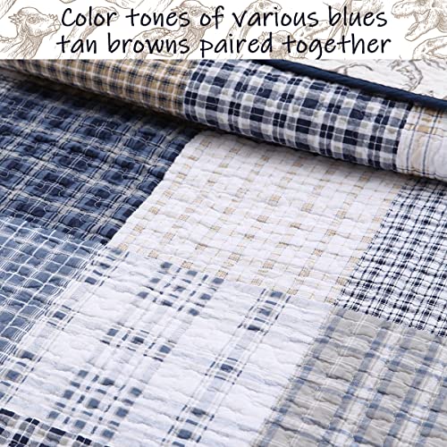 Cozy Line Home Fashions Benjamin Cute Dinosaur Plaid Navy Blue White Grey Bedding Quilt Set 100% Cotton Reversible Coverlet Bedspread Set for Kids Boy(Twin - 2 Piece) Cozy Line Home Fashions