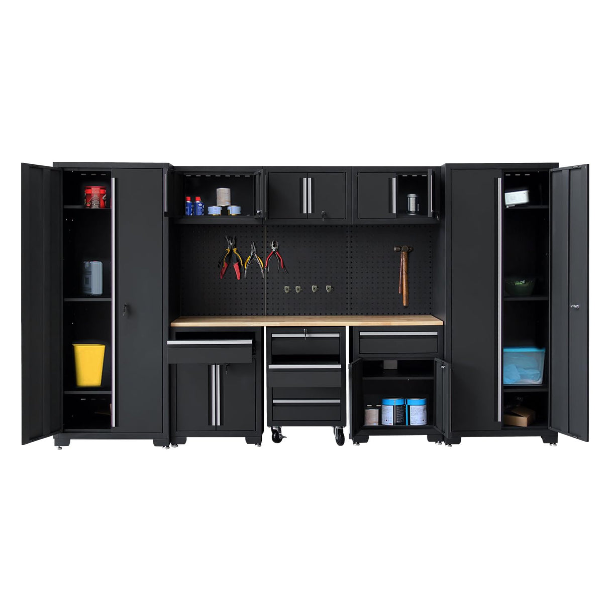 HPDMC Garage Storage Cabinet System 12-Pcs Workshop Set Cabinets and Storage System with Steel Cabinet Drawers, Rolling Chest, Workbench, Pegboard for Tool Organization, Black HPDMC