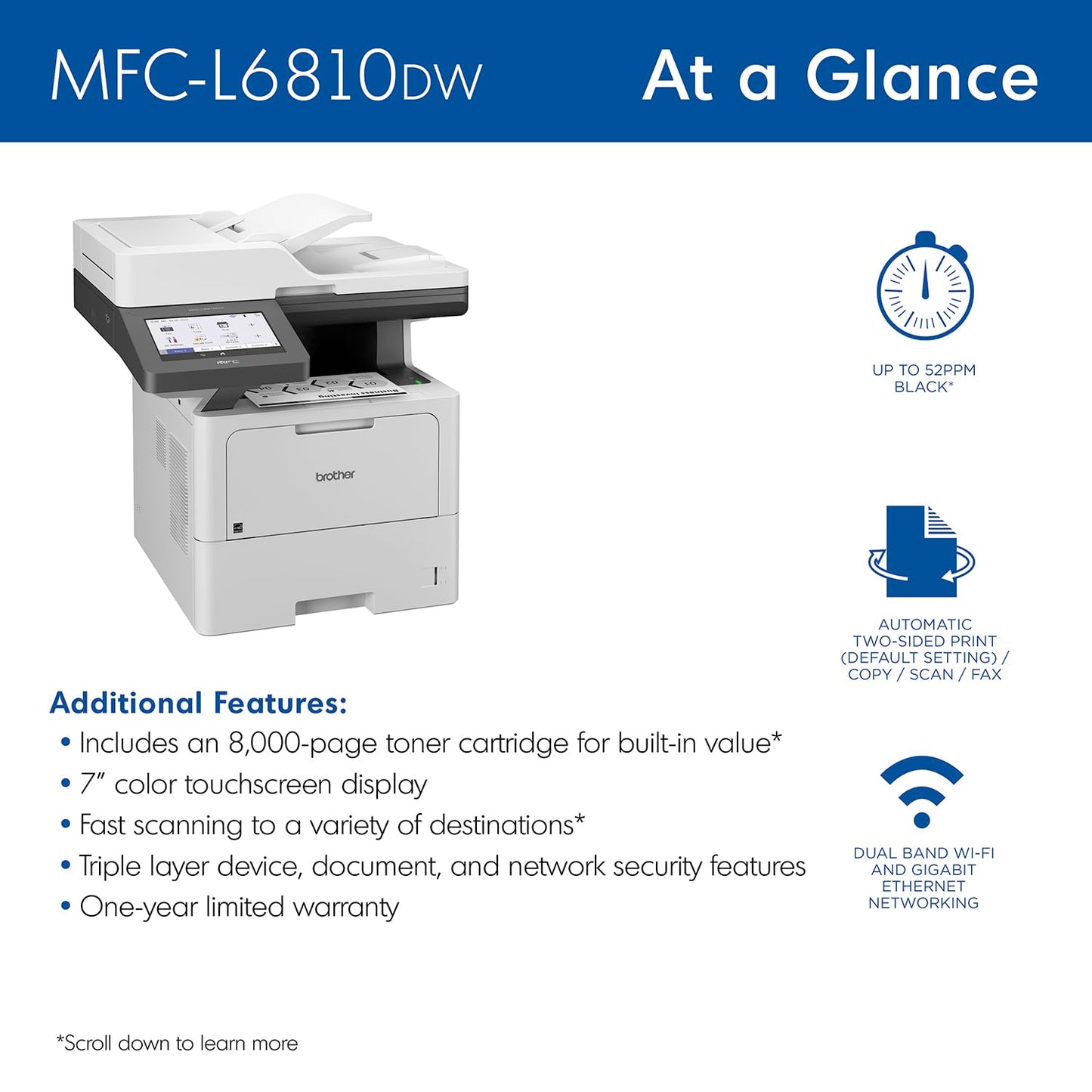 Brother MFC-L6810DW Enterprise Monochrome Laser All-in-One Printer with Low-Cost Printing, Large Paper Capacity, Wireless Networking, Advanced Security Features, and Duplex Print, Scan, and Copy