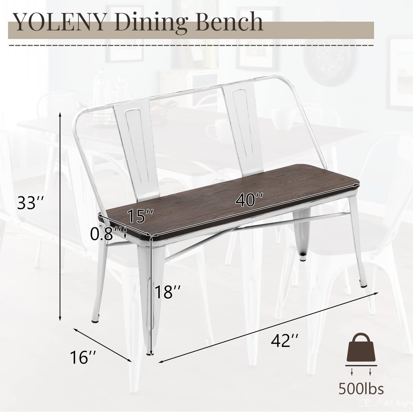 YOLENY Dining Bench, Entryway Bench with Back, Farmhouse Metal Dining Bench, Industrial Mid-Century 3 Person Rustic Spindle Bench, with Wood Seat, Removable Backrest, 42in, White