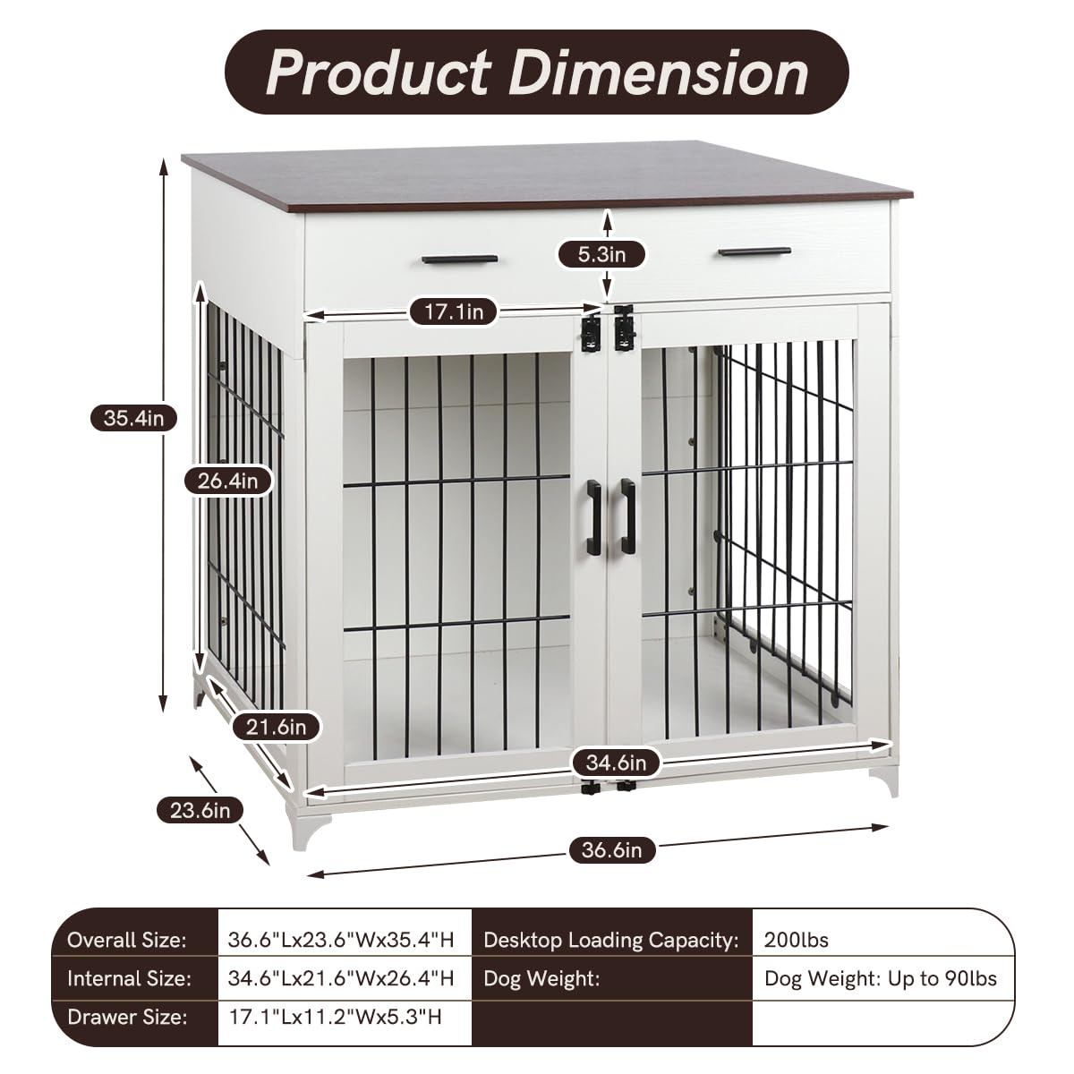Snowtaros Dog Crate Furniture, 36.6 Inch Large Dog Crate with Drawers, Wooden Dog Kennel Indoor for Small Medium Large Dogs, Heavy Duty Dog Crate End Table with Double Doors Snowtaros