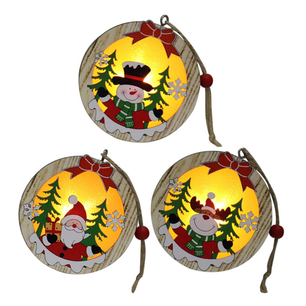 Amosfun 3pcs LED Light Up Christmas Wooden Ornaments Wood Round Shapes with Reindeer Snowman Santa Claus Pattern Hanging Christmas Tree Decoration Christmas Night Lights Amosfun