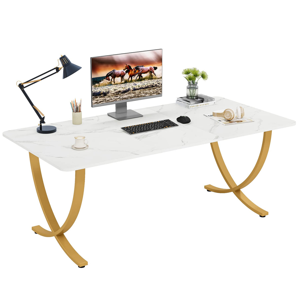 Tribesigns Executive Desk, 63” W x 31.5” D Large Office Desk, Modern Computer Desk Conference Table Meeting Room Table, Business Furniture for Home Office, White and Gold Tribesigns