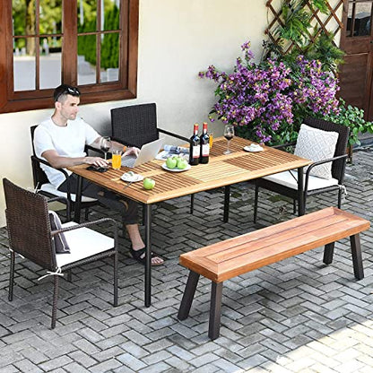 Tangkula Outdoor Acacia Wood Bench, Patio Dining Bench Picnic Bench with Steel Legs, Wooden Bench for Porch Garden Poolside Living Room Balcony, Ideal for Indoor & Outdoor Use (1, Teak)