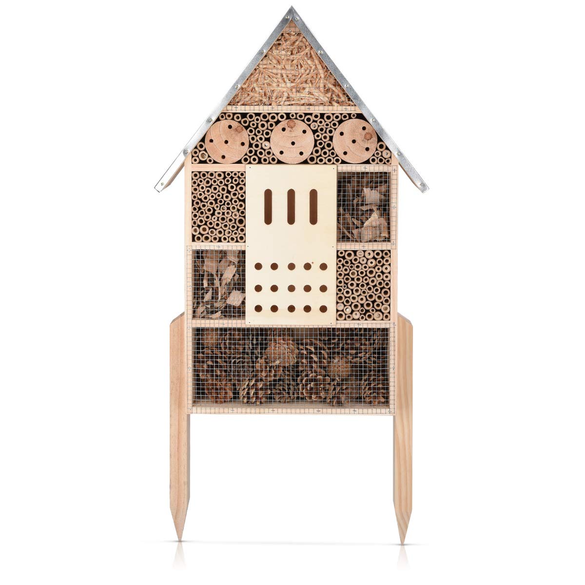 Navaris Insect House with Stakes - Extra Large Wooden Bug Hotel 22.4" H x 15" W - Bee, Butterfly, Ladybug Natural Nesting Habitat for Garden and Yard Navaris