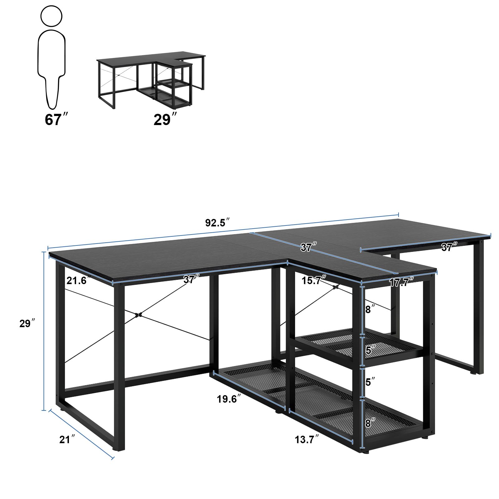 Natwind Two Person Desk with Storage Shelves, 92.5" Double Computer Desk with PC case Stand for Home Office, Home Craft Table Workstation, Heat Press Table, Long Gaming Desk,Black - WoodArtSupply