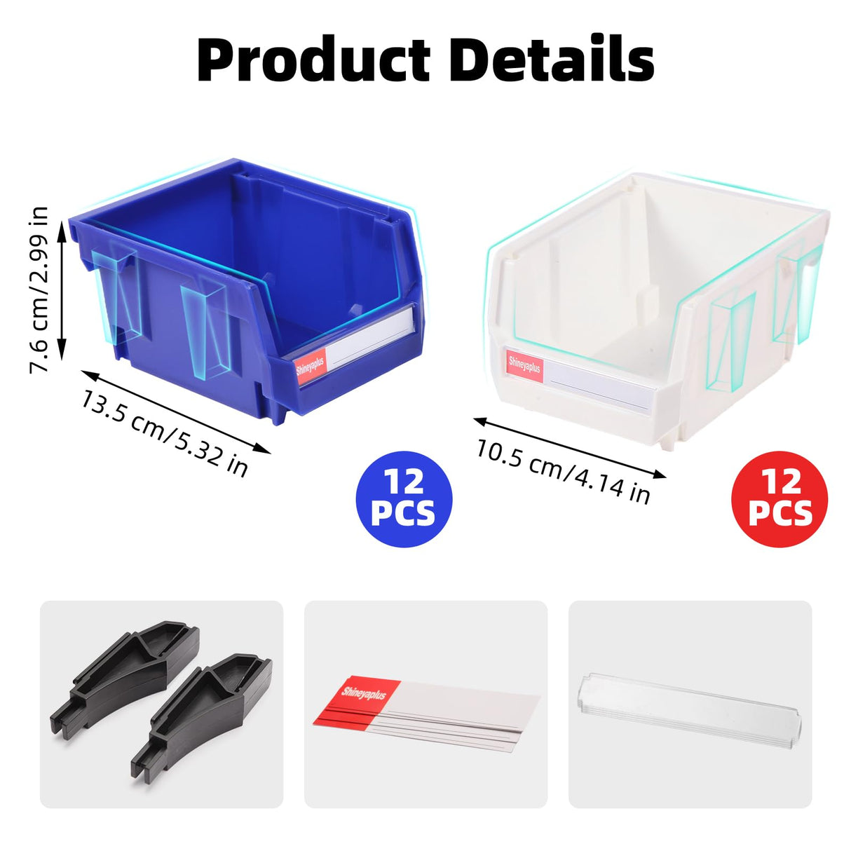 Shineyaplus Stackable Storage Bins 24 Pack (5x4x3 Inch), Plastic Stackable Storage Organizer Bins Wall Mounted Hanging Small Parts Bin for Garage, Workbench & Office (Blue & White) Shineyaplus