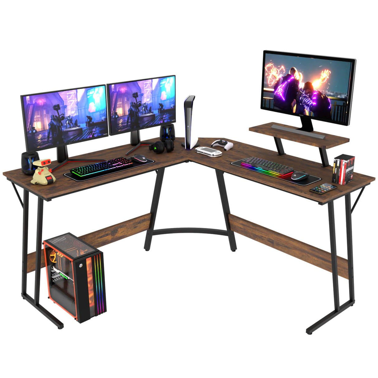 PayLessHere L Shaped Desk Corner Gaming Desk Computer Desk with Large Desktop Studying and Working and Gaming for Home and Work Place,Brown PayLessHere
