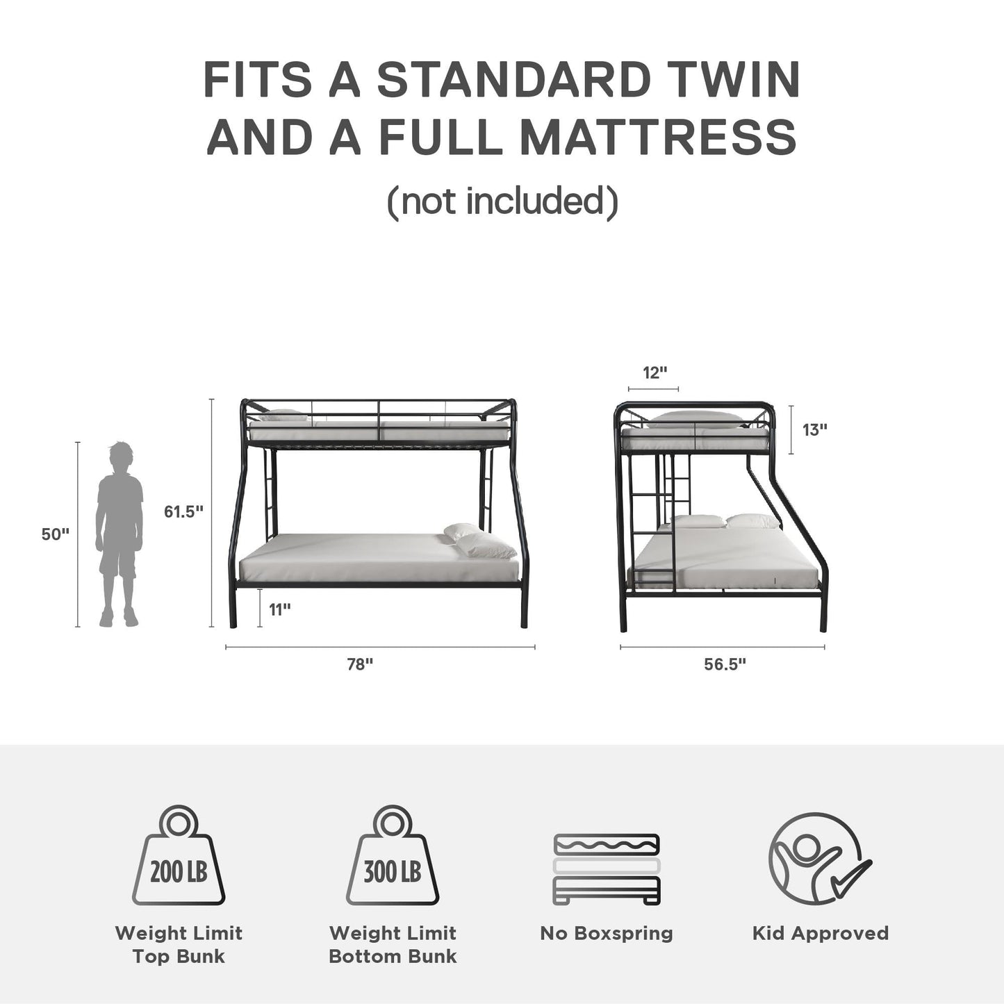 DHP Dusty Metal Bunk Bed Frame for Kids, Teens, and Adults, With Angled Ladder, High Full Length Guardrail, Smooth Rounded Edges, No Boxspring Required, For Small Spaces, Twin-Over-Full, Black