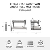 DHP Dusty Metal Bunk Bed Frame for Kids, Teens, and Adults, With Angled Ladder, High Full Length Guardrail, Smooth Rounded Edges, No Boxspring Required, For Small Spaces, Twin-Over-Full, Black DHP