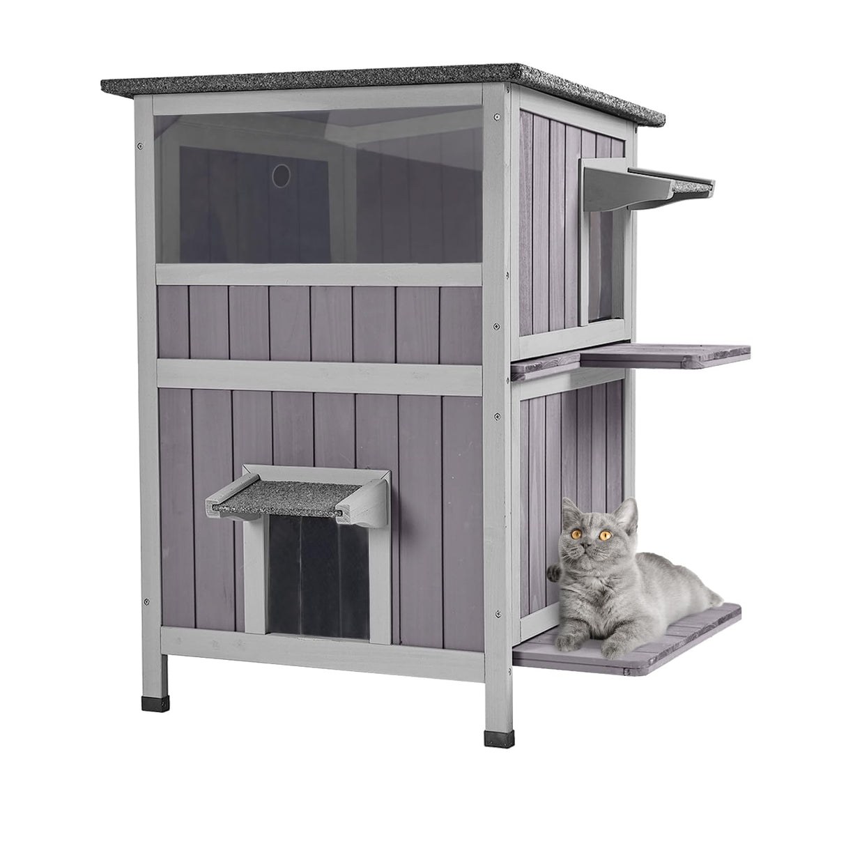 Aivituvin Outdoor Cat House，Two-Story Feral Cat Shelter，Wooden Cat Condos,Weatherproof Cat Enclosure for Winter with Escape Doors Aivituvin