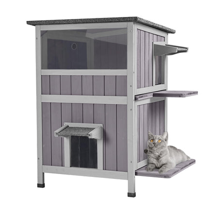 Aivituvin Outdoor Cat House，Two-Story Feral Cat Shelter，Wooden Cat Condos,Weatherproof Cat Enclosure for Winter with Escape Doors Aivituvin