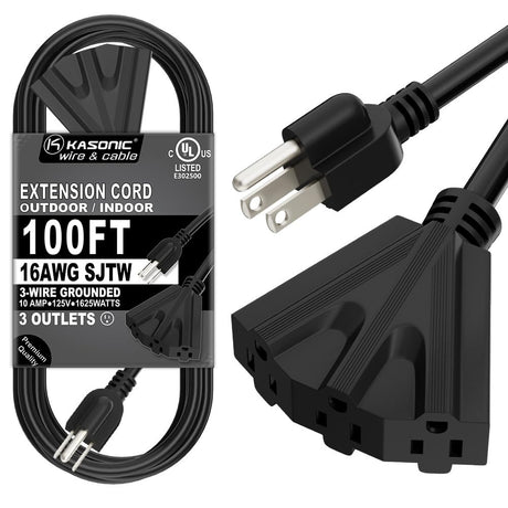 K KASONIC - 100 Ft Extension Cord with 3 Outlets, UL Listed 16/3 SJTW 3-Wire Grounded, 10A 125V 1625W for Indoor/Outdoor Use - Black K KASONIC