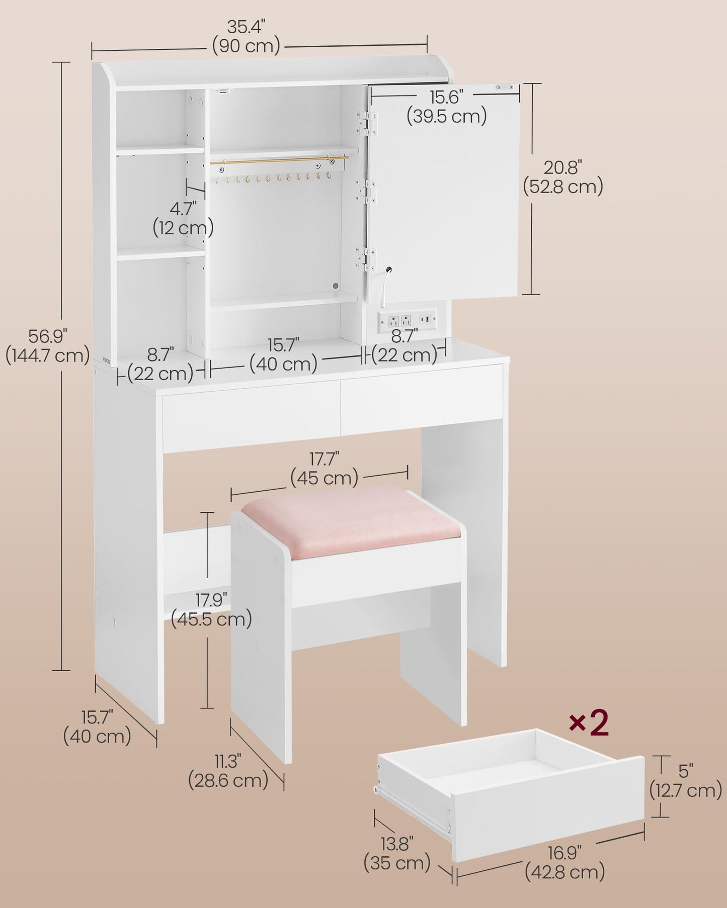 VASAGLE Vanity Desk with Power Outlets, Makeup Vanity with Mirror and Lights, Upholstered Vanity Stool, Dimmable LED Lights, 6 Compartments, 2 Drawers, for Bedroom, Cloud White URDT031W01 - WoodArtSupply