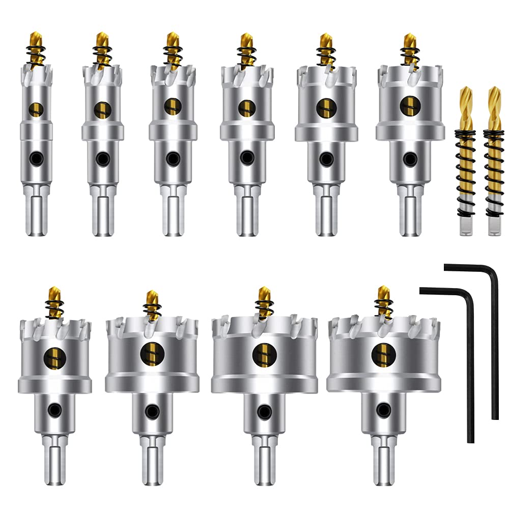 ASNOMY 12PCS TCT Hole Saw Kit for Hard Metal, 5/8"-2-1/8" Inch Tungsten Carbide Tipped Hole Cutter Set with Titanium-Plated Pilot Drill bit for Metal, Stainless Steel, Iron, Wood, Plastic - WoodArtSupply