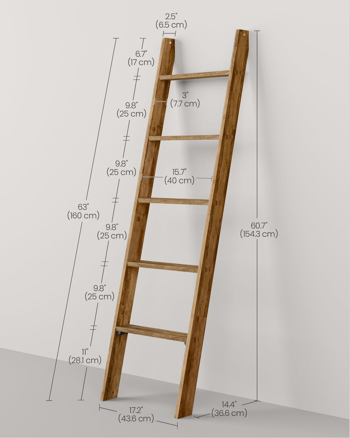 VASAGLE Blanket Ladder Decorative Farmhouse for The Living Room, 5-Tier Ladder Shelf, Ladder Rack for Storage and Decor, Honey Brown ULLS018K41 VASAGLE
