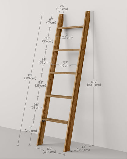 VASAGLE Blanket Ladder Decorative Farmhouse for The Living Room, 5-Tier Ladder Shelf, Ladder Rack for Storage and Decor, Honey Brown ULLS018K41 - WoodArtSupply