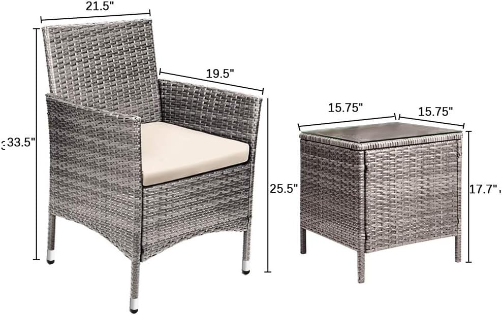 Devoko 3 Pieces Patio Furniture Sets Clearance PE Rattan Wicker Chairs with Table Outdoor Garden Porch Furniture Sets (Light Grey)