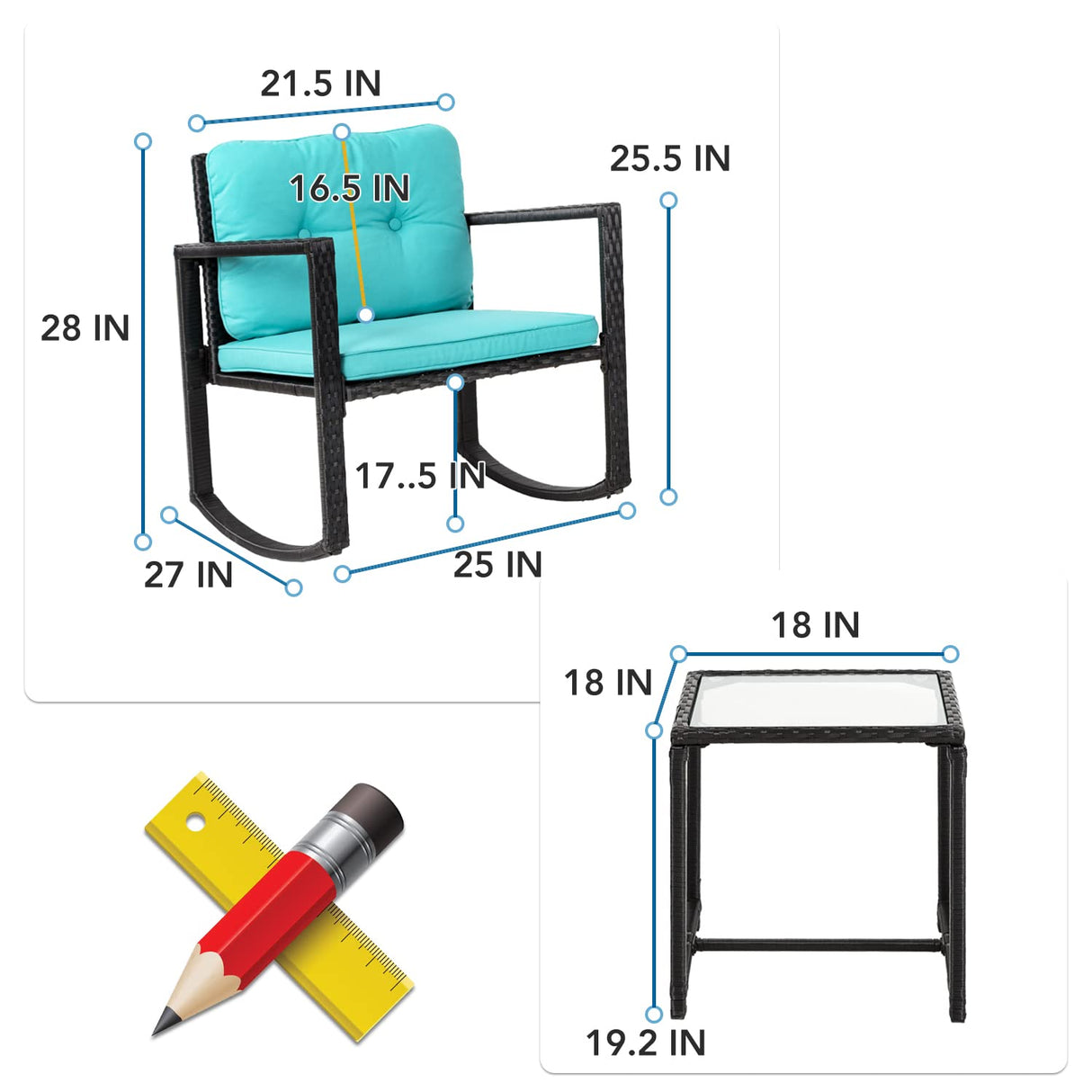 PayLessHere Outdoor Conversation Sets Rattan Furniture Wicker Rocking Chairs with Blue Cushions and Glass Coffee Table for Balcony Poolside Garden Patio Porch Backyard PayLessHere