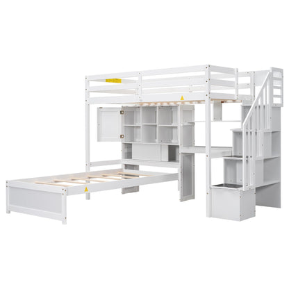 VilroCaz L-Shaped Twin Over Twin Bunk Bed with Built-in Desk and Staircase, Solid Wood Loft Bed and Platform Bed with Storage Compartments and Shelves for Kids Teens Adults (White-LS9)